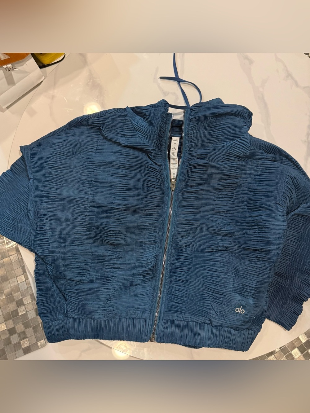 ALO Yoga Kids Textured Hooded Zip Jacket in Denim Blue